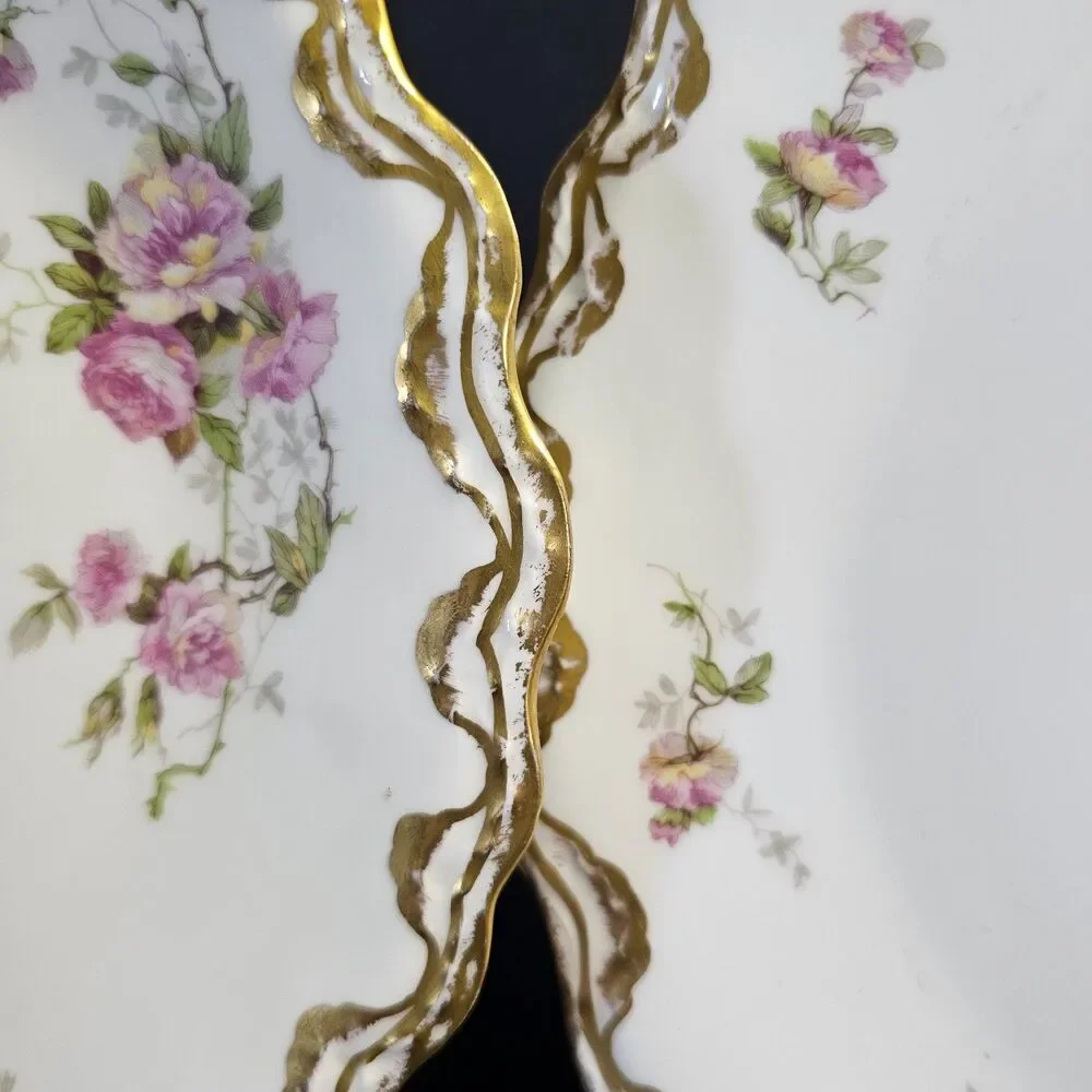 B&H Limoges France Set 2 Dinner Plates w Pink/White Flowers & Brushed Gold Edge